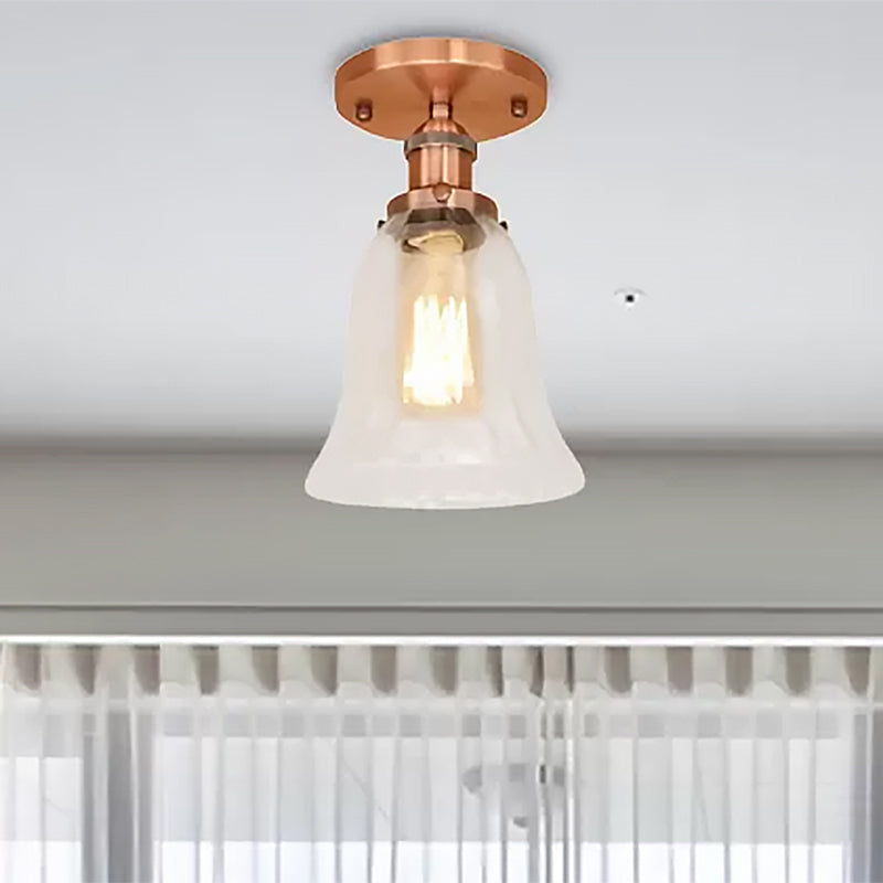 Industrial Flared Glass Semi Flush Mount Light With Clear Bulb In Black/Bronze/Copper