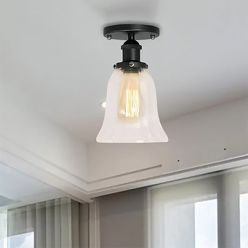 Industrial Flared Glass Semi Flush Mount Light With Clear Bulb In Black/Bronze/Copper
