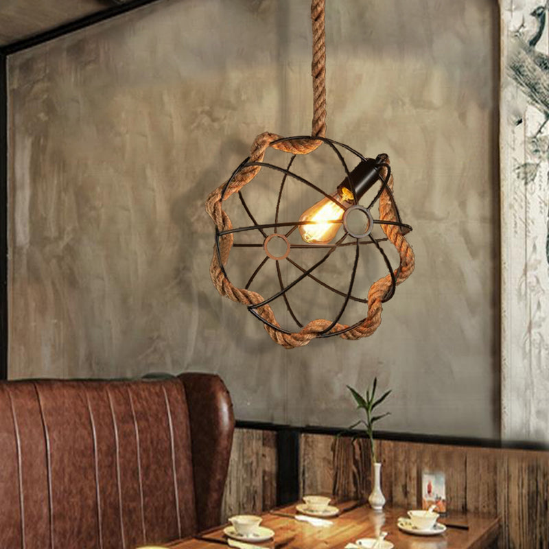 Industrial Beige Pendant Light: Metal & Rope Hanging Lamp For Dining Room