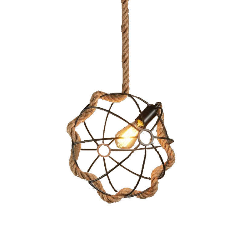 Industrial Beige Pendant Light: Metal & Rope Hanging Lamp For Dining Room