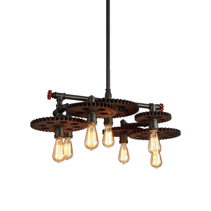 Vintage Metal Chandelier With Black Cog Top And Valve - Dining Room Hanging Light (3/5/7-Light)