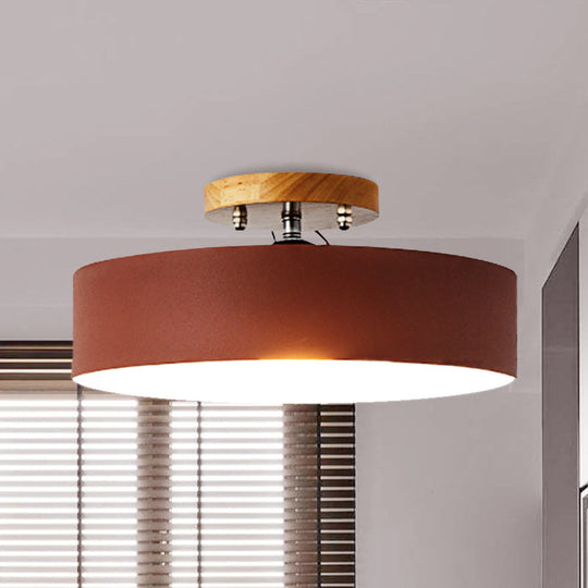 Modern Semi-Mount Drum Light: 1-Light 12’ W Metal Fixture In Gray/White/Red/Pink For Living Room