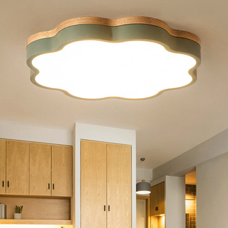 Kids Bedroom Wood Led Flush Mount Ceiling Light With Floral Shade