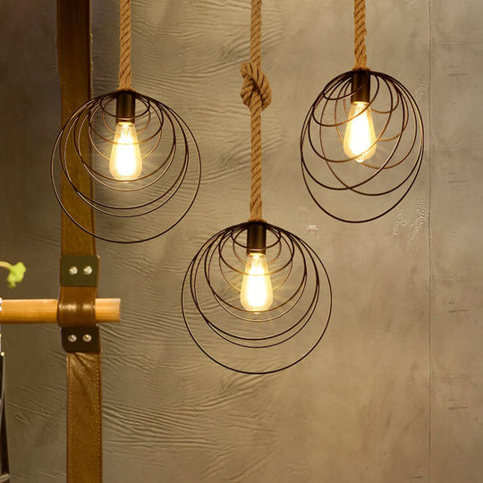 Black Metal Cage Pendant Light With Industrial Design For Restaurant Suspended By Rope Cord