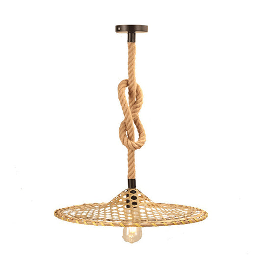 Bamboo Hat Pendant Ceiling Light With Countryside Beige Rope - Knots Design