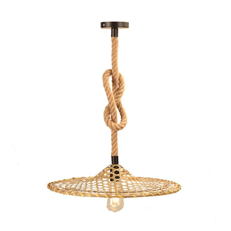 Bulb Flat Bamboo Hat Pendant Ceiling Light Countryside Beige Rope Design