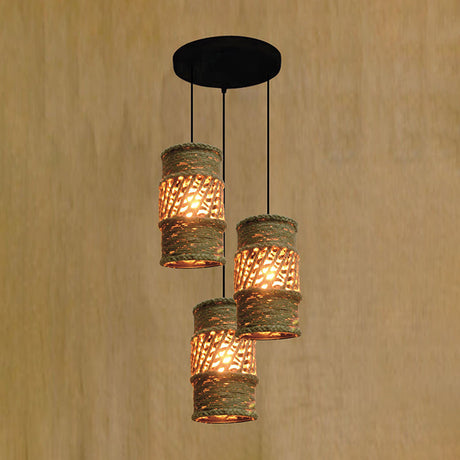 Farmhouse Restaurant Pendant Lamp With 3 Cylinder Rope Shades In Beige