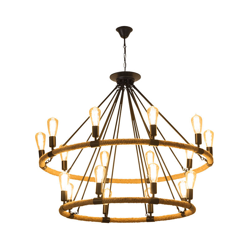 2-Tier Industrial Chandelier With 18 Hanging Lights Beige Rope Pendant Lamp For Restaurants