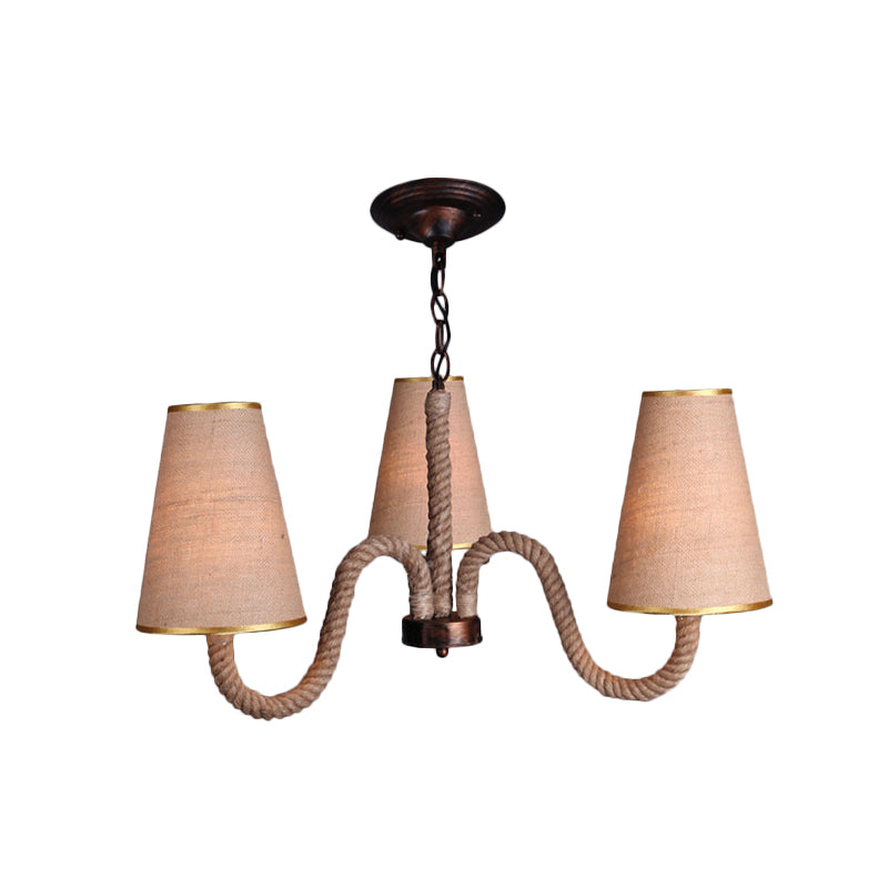 Beige Ceiling Chandelier With Antiqued Rope And Fabric Cone Shades - 3/5/8 Heads