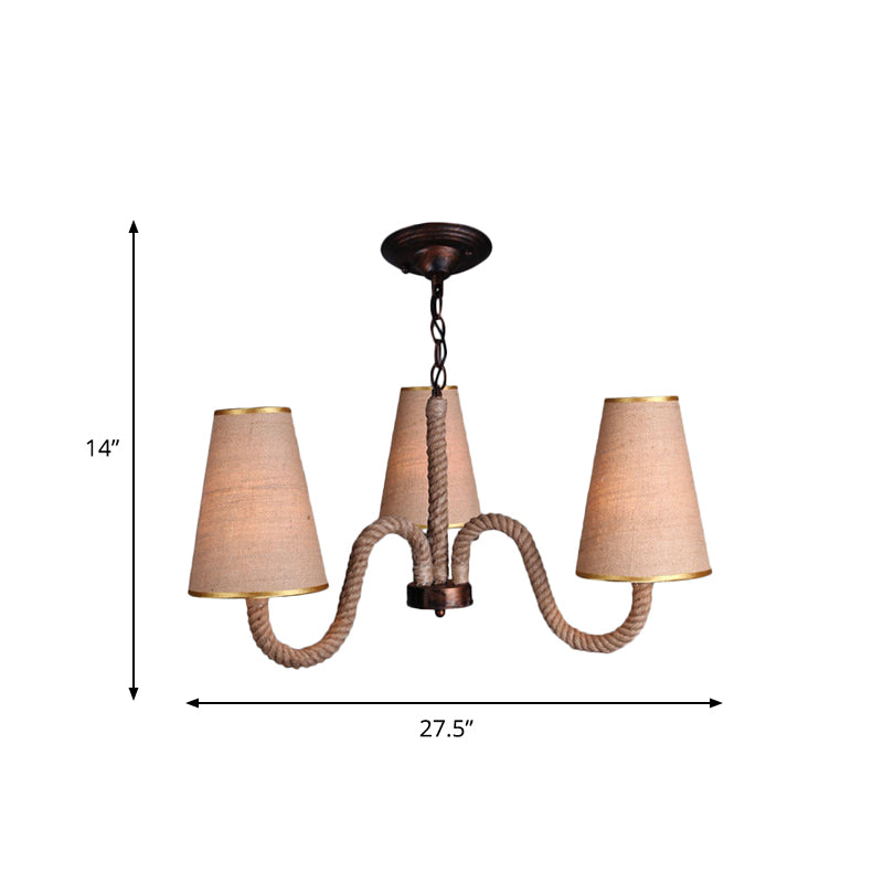 Beige Ceiling Chandelier With Antiqued Rope And Fabric Cone Shades - 3/5/8 Heads