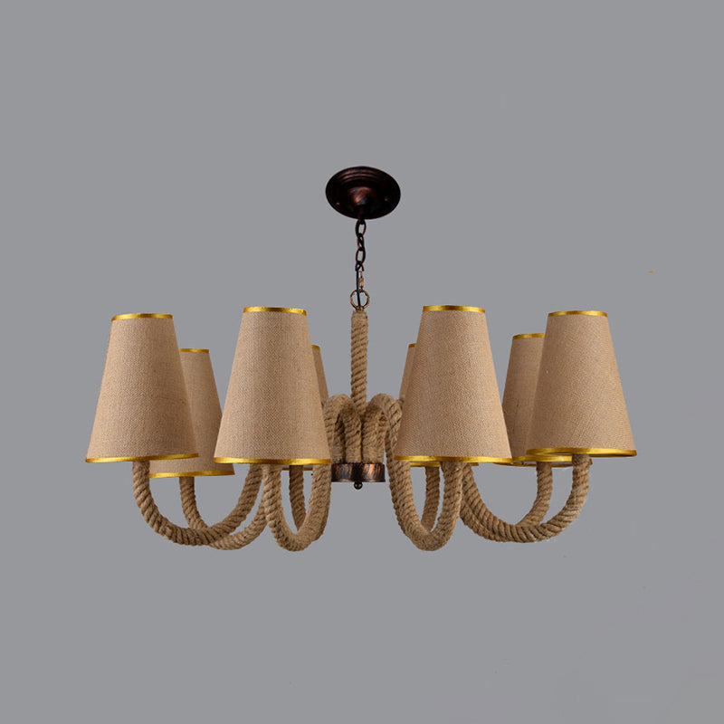Beige Ceiling Chandelier With Antiqued Rope And Fabric Cone Shades - 3/5/8 Heads