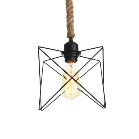 Vintage Metallic Hanging Cage Pendant Light With Rope Cord For Dining Room