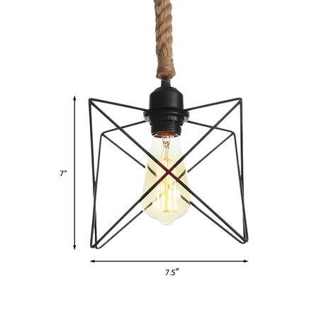 Vintage Metallic Hanging Cage Pendant Light With Rope Cord For Dining Room