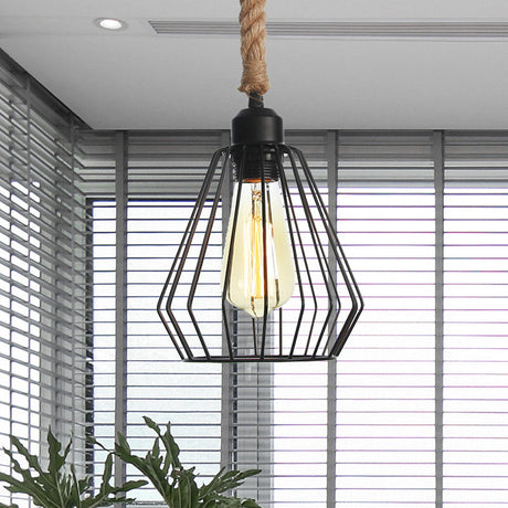 Vintage Metallic Hanging Cage Pendant Light With Rope Cord For Dining Room Black / B