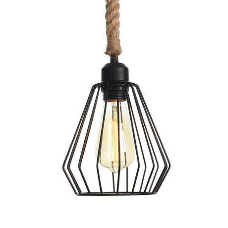 Vintage Metallic Hanging Cage Pendant Light With Rope Cord For Dining Room
