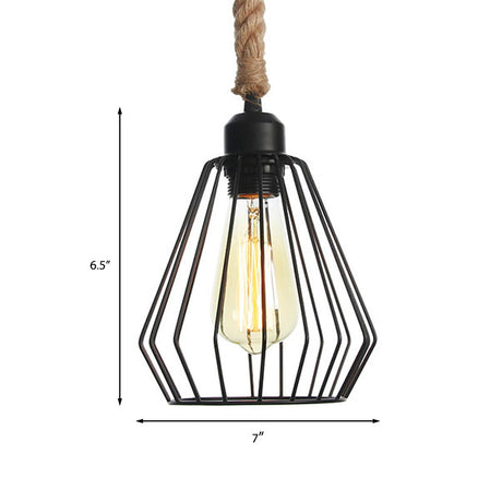 Vintage Metallic Hanging Cage Pendant Light With Rope Cord For Dining Room