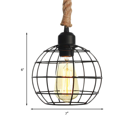 Vintage Metallic Hanging Cage Pendant Light With Rope Cord For Dining Room