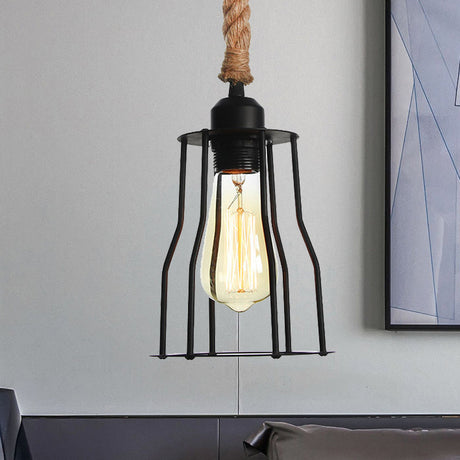 Vintage Metallic Hanging Cage Pendant Light With Rope Cord For Dining Room Black / C