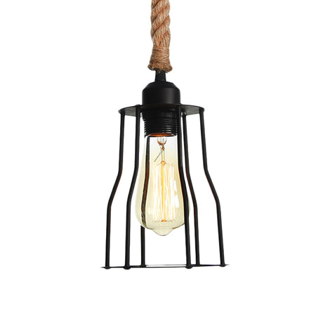 Vintage Metallic Hanging Cage Pendant Light With Rope Cord For Dining Room
