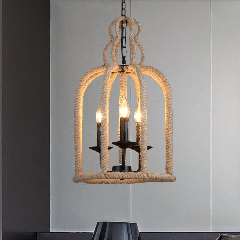 Industrial Rope Bird Cage Pendant Lamp - Beige 3 Heads Chandelier Light For Coffee Shop Ceiling