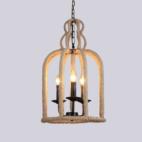 Industrial Rope Bird Cage Pendant Lamp - Beige 3 Heads Chandelier Light For Coffee Shop Ceiling