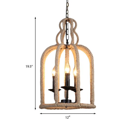 Industrial Rope Bird Cage Pendant Lamp - Beige 3 Heads Chandelier Light For Coffee Shop Ceiling
