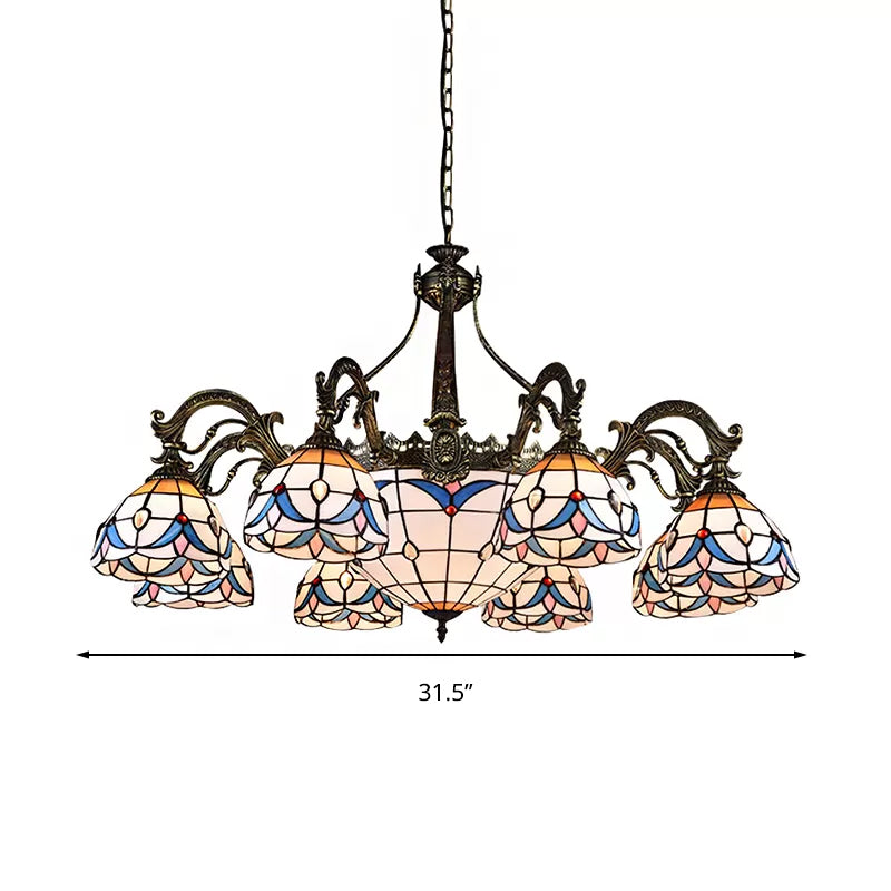 Dome Chandelier With Stained Glass Tiffany Pendant Lighting - Multi Light Metal Chain