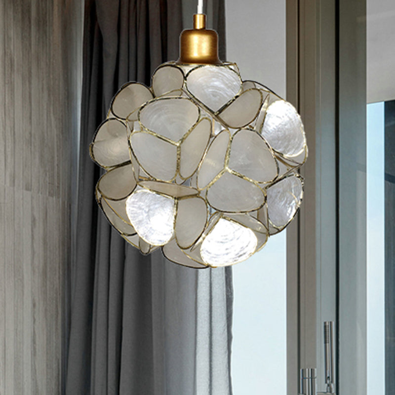 Modern Shell Globe Pendant: Elegant 1-Light Hanging Ceiling Fixture In White/Beige