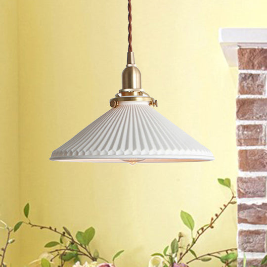 Ridged Cone Dining Room Pendant Light Ceramics 1 Simple Style Lamp In White Lighting