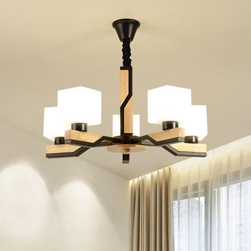 Nordic Cube-Shaped Ceiling Lamp With Wooden Chandelier For Living Room (3 Or 5 Heads)