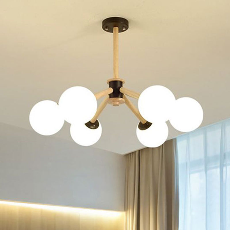Modern 6-Light Grape Chandelier With Wood Branch And White Glass