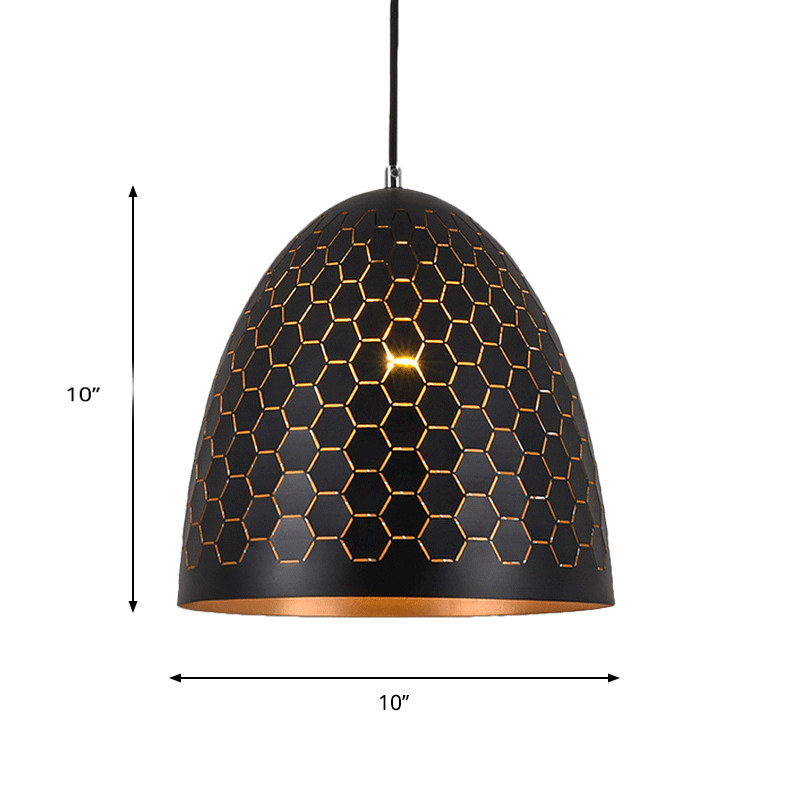 Domed Drop Pendant Light - Factory Black Metal Suspension With Honeycomb Pattern 10’/12’/16’ Wide