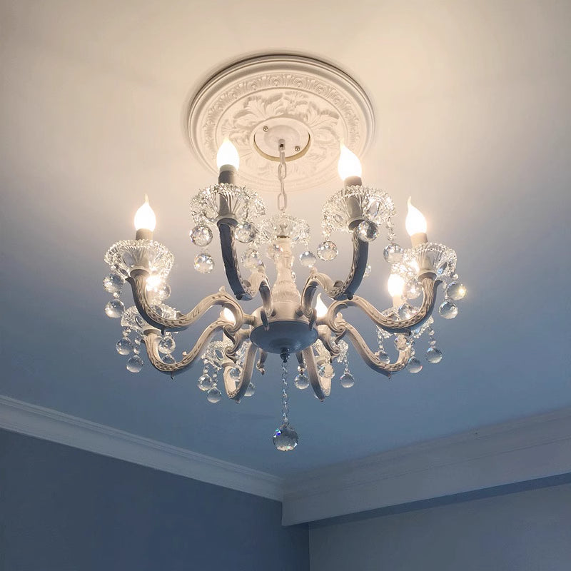 Rustic Metal Candle Suspension Lamp With Crystal Draping - White Corridor Chandelier