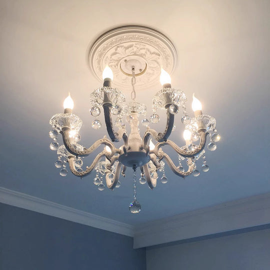 Rustic Metal Candle Suspension Lamp With Crystal Draping - White Corridor Chandelier