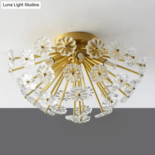 Modern Crystal Bouquet Semi Flush Mount Ceiling Lamp - Gold 3/5 Lights Bedroom Lighting
