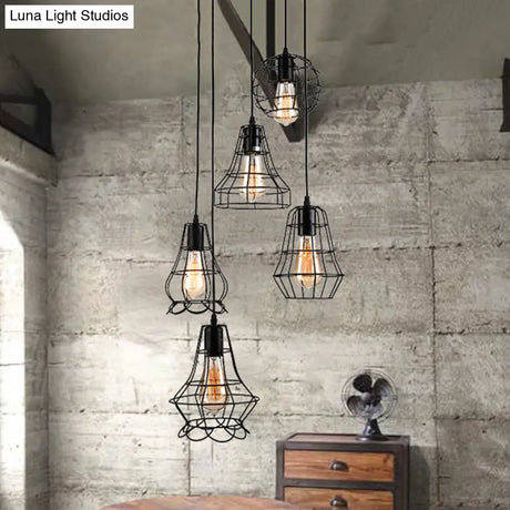 5-Head Vintage Caged Pendant Lighting With Unique Shades - Black Iron Ceiling Fixture For Table