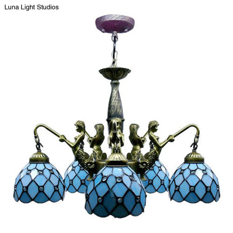 Mermaid Deco Tiffany Blue Cut Glass Dome Pendant Chandelier With 5 Lights