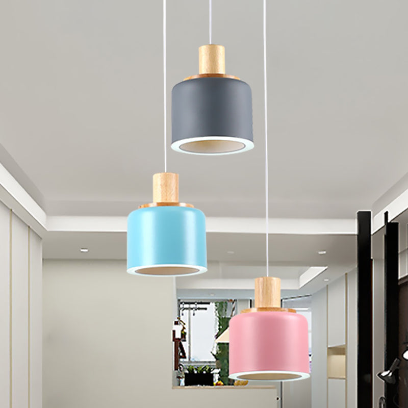 Small White Drum Cluster Pendant Light With 3 Metallic Heads And Wood Top - Minimalist Ceiling Hang