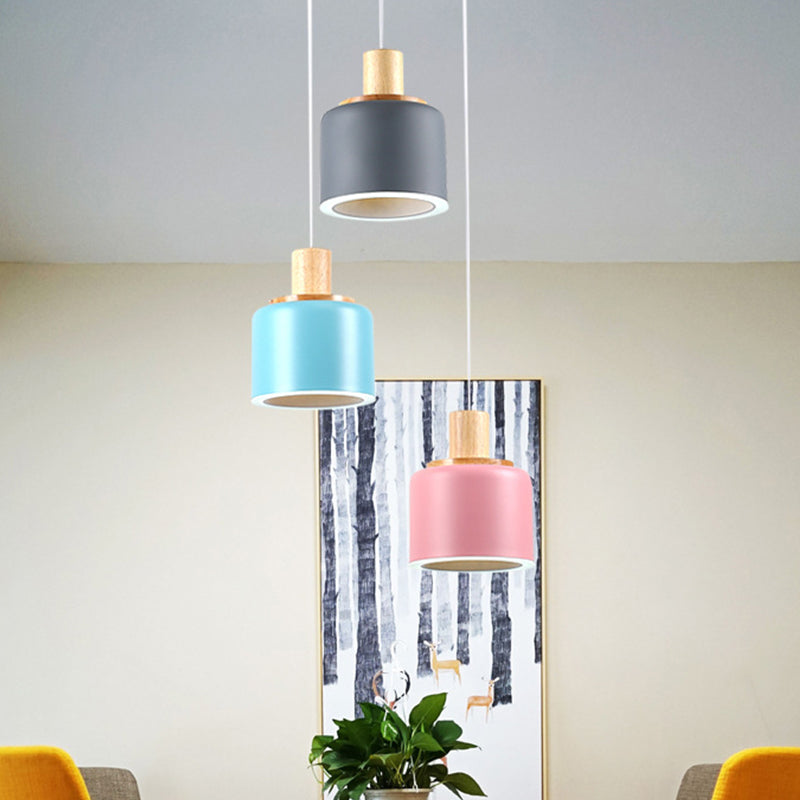 White Small Drum Cluster Pendant Light With Wood Top - Minimalist Design 3 Heads Metallic Ceiling
