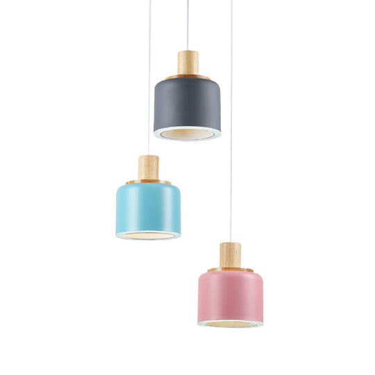 Small White Drum Cluster Pendant Light With 3 Metallic Heads And Wood Top - Minimalist Ceiling Hang