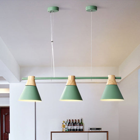 Modern Iron Cone Suspension Light With 3 Bulbs In Yellow/Blue/Green - Linear Design For Dining Room
