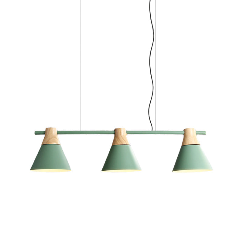 Modern Iron Cone Suspension Light With 3 Bulbs In Yellow/Blue/Green - Linear Design For Dining Room