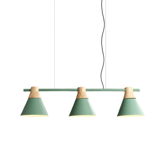 Modern Cone Dining Room Suspension Light With Linear Design - 3 Bulbs Pendant In Yellow/Blue/Green