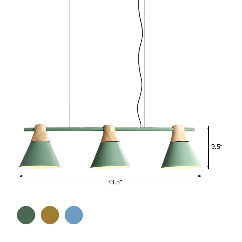 Modern Iron Cone Suspension Light With 3 Bulbs In Yellow/Blue/Green - Linear Design For Dining Room