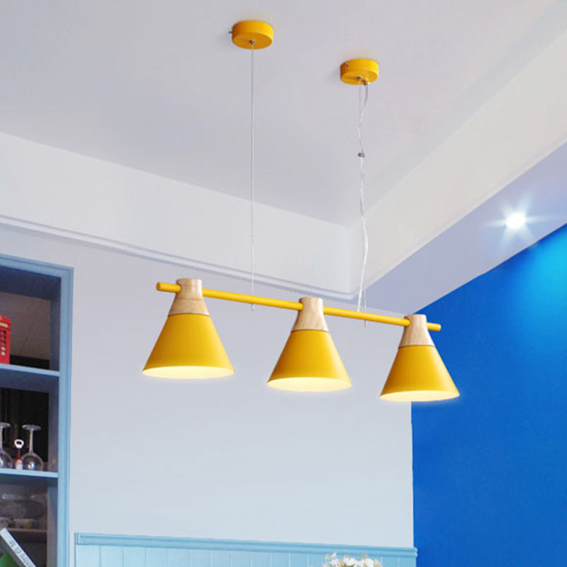 Modern Iron Cone Suspension Light With 3 Bulbs In Yellow/Blue/Green - Linear Design For Dining Room