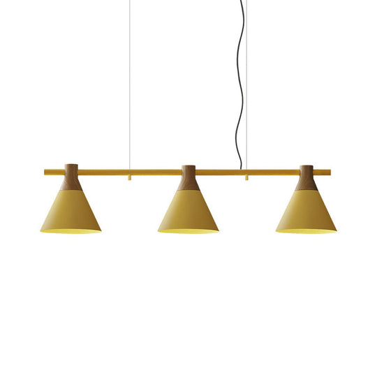 Modern Cone Dining Room Suspension Light With Linear Design - 3 Bulbs Pendant In Yellow/Blue/Green