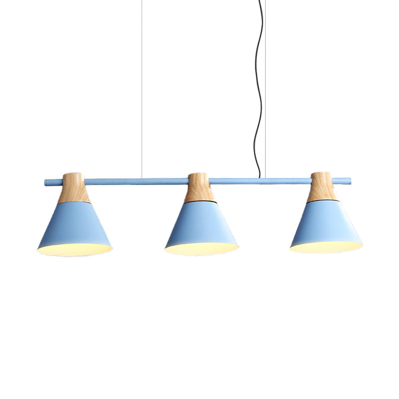 Modern Iron Cone Suspension Light With 3 Bulbs In Yellow/Blue/Green - Linear Design For Dining Room
