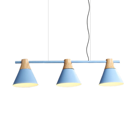 Modern Cone Dining Room Suspension Light With Linear Design - 3 Bulbs Pendant In Yellow/Blue/Green