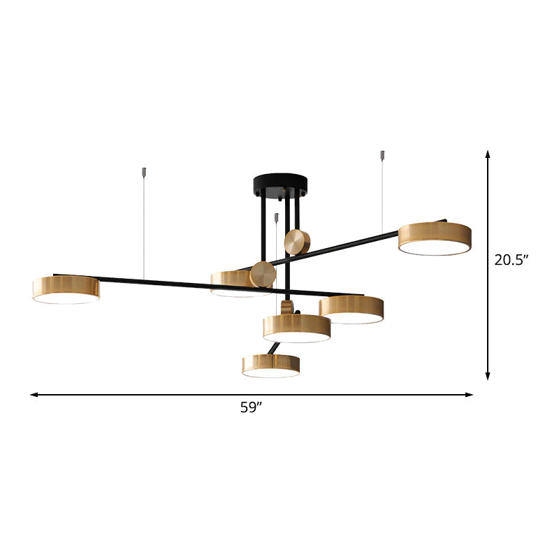 Modernist 6-Head Pendant: Black & Gold Small Drum Suspension Light With Metal Shade