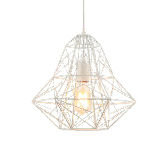 Metallic Industrial Cage Diamond Pendant Lighting - Black/White 1 Head For Dining Room 16’/19.5’ Dia